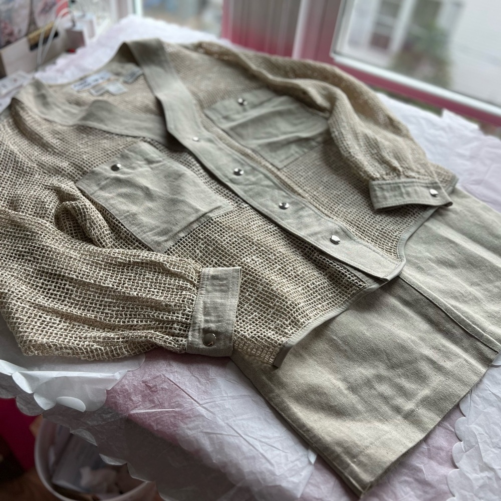 VTG MINT 90s Paris 3 pc set Linen Burlap mesh design Jacket Skirt Pants France